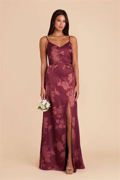 Catherine Sangria Whimsical Blooms Matte Satin V-Neck Bridesmaid Dress