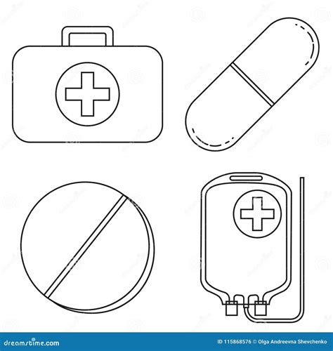 Line Art Black and White First Aid Kit Content Set Stock Illustration ...