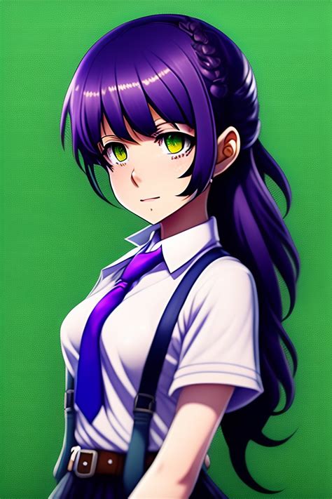 Lexica - Schoolgirl with purple hair, green eyes, in school clothes