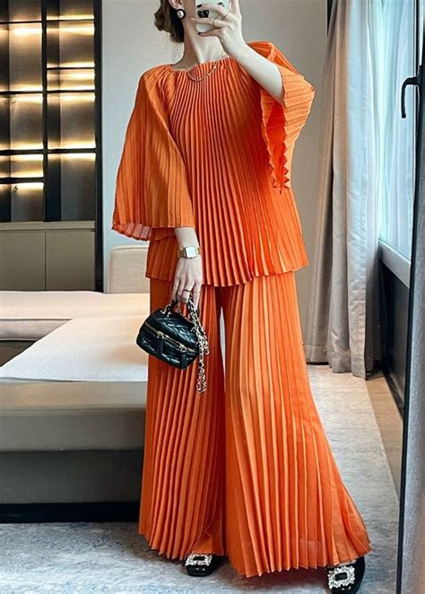 italian orange  neck wrinkled top  wide leg pants  piece set