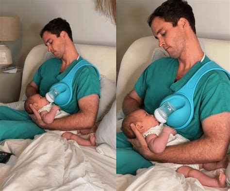 New mom captures husband feeding baby using a breastfeeding device and