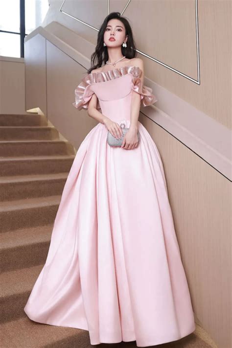 Off Shoulder Pink Satin Long Formal Dress, Pink Evening Dress Party
