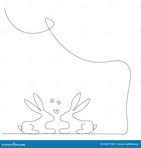 Bunny Love Hearts Animal Line Drawing, Vector Illustration Stock Vector