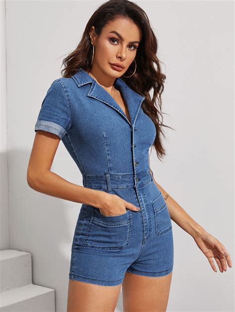 Casual short sleeve denim jumpsuit with buttons | Spring short sleeve