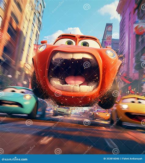 Animated Car in City Chase: Whimsical, Energetic Speed. Stock