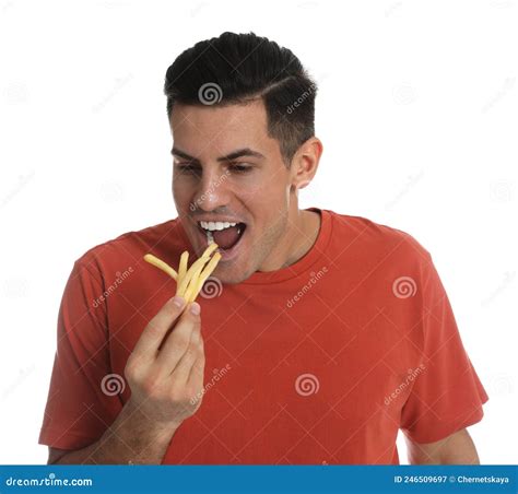 Man Eating French Fries on White Background Stock Image - Image of