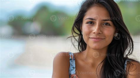 Portrait of a smiling Venezuelan woman on a tropical beach with a