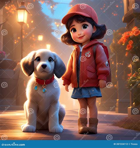 Cute Girl with Puffy White Dog Stock Illustration - Illustration of