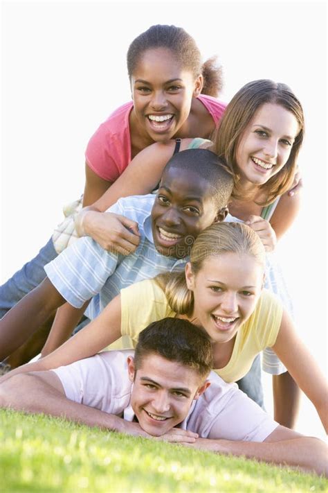 group  teenagers  fun outdoors stock image image