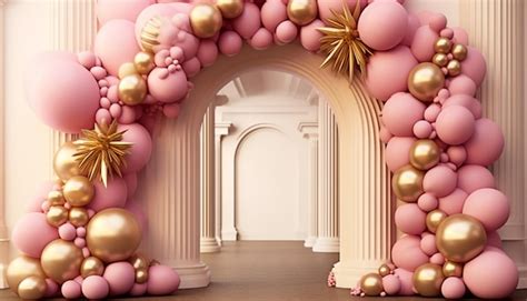 Arco De Balões Rosa E Dourado - Um close de um arco de balão rosa e dourado com estrelas douradas ...