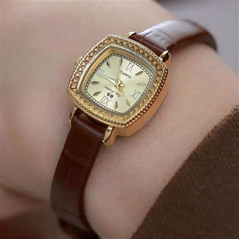 vintage style brown square womens leather  watchwithsun dainty