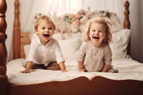 Premium AI Image | Cute sweet toddler children tickling feet on the bed ...