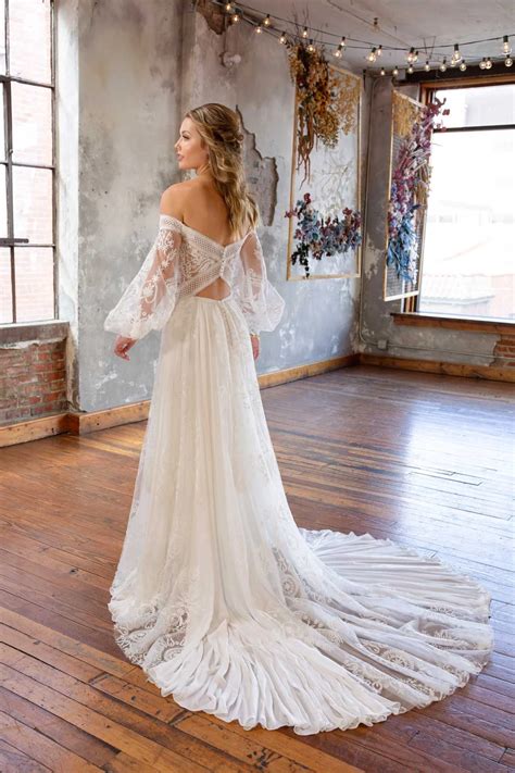 Beachy Boho Off-the-Shoulder Lace Wedding Dress with Long Blouson Sleeves