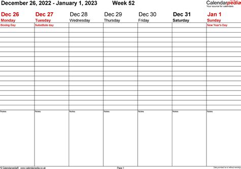 Weekly calendar 2023 UK - free printable templates for Word