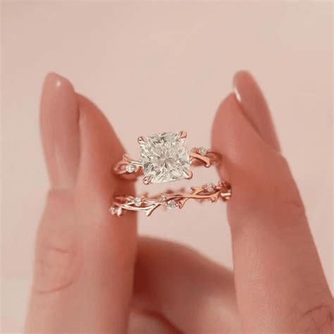 Cushion Cut Diamond Twig Ring Set in 14K Rose Gold Vermeil- Dainty Twig