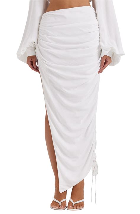 house  cb loie ruched slit maxi skirt white editorialist