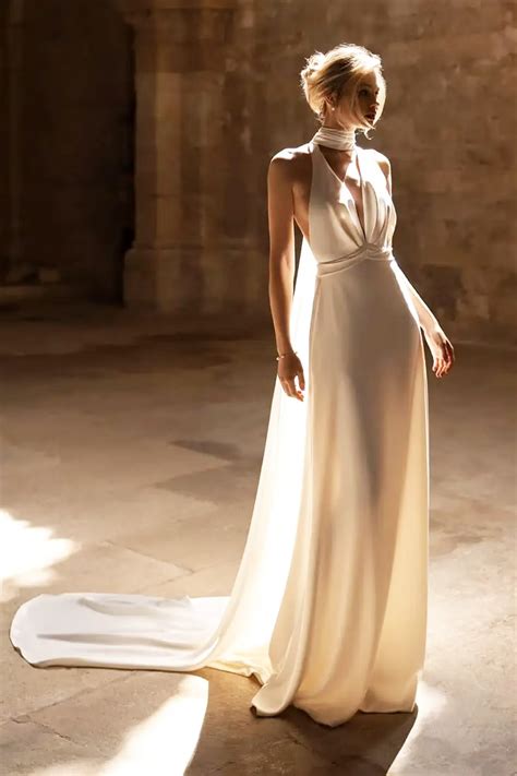 Halter Top Simple Wedding Long Dress/v Low Back Hollywood Style