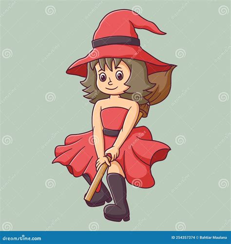 Caricatura De Bruja Roja Volando En Una Escoba. Personaje De Caricatura
