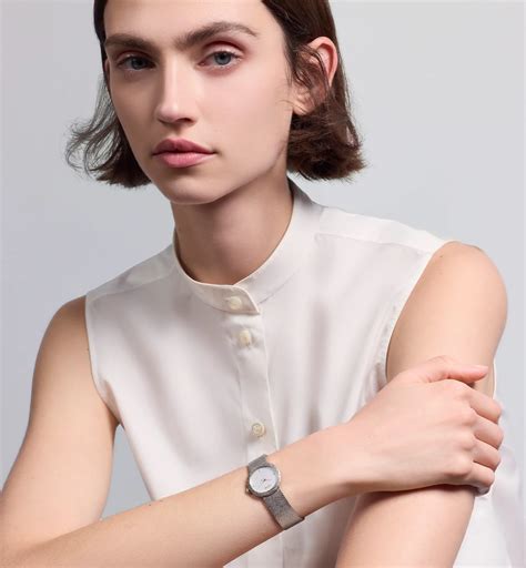 La D de Dior Satine Ø 25 MM, Steel, White Mother-Of-Pearl and Diamonds