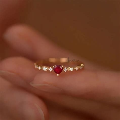 Vintage Heart Shaped Ruby Ring With Diamonds, Red Heart Ruby Engagement