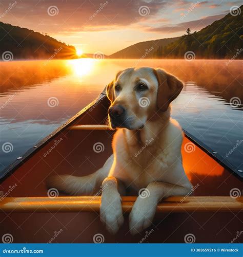 AI Generated Illustration of a Golden Labrador in a Canoe at Sunset Stock Illustration