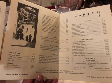 Menu at Sobrino de Botín steakhouse, Madrid, C. de Cuchilleros