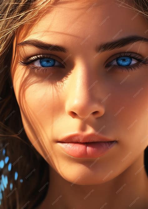 Premium AI Image | closeup woman blue eyes long hair ocean specular