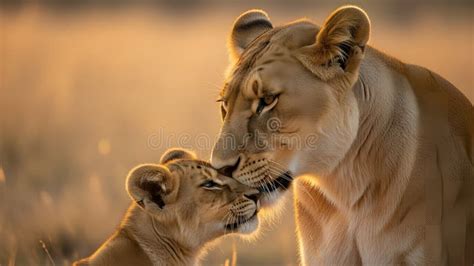 golden hour close  lioness affectionately nuzzling lion cub