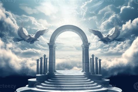 heavenly stairway to heaven with floating clouds angelic angels