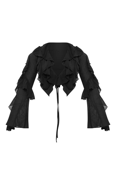 Black Extreme Frill Tie Front Flare Sleeve Blouse | Tops