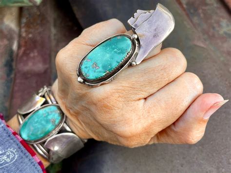 Vintage Figural Sterling Silver Turquoise Cuff Bracelet Matching Ring