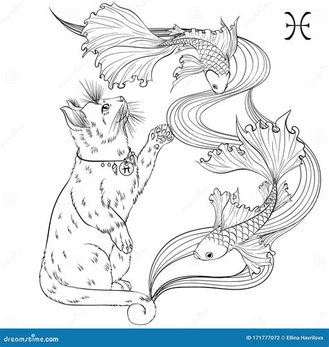 Pisces cat zodiac line art stock vector. Illustration of beauty - 171777072