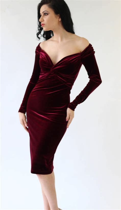 Cocktail dress burgundy velvet dress midi dress evening | Etsy