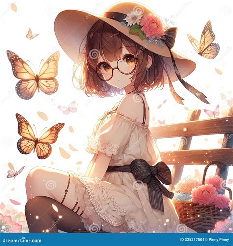 A Cute Anime Girl with Glasses, Stylish Hat, Cute Dress, Sitting in ...