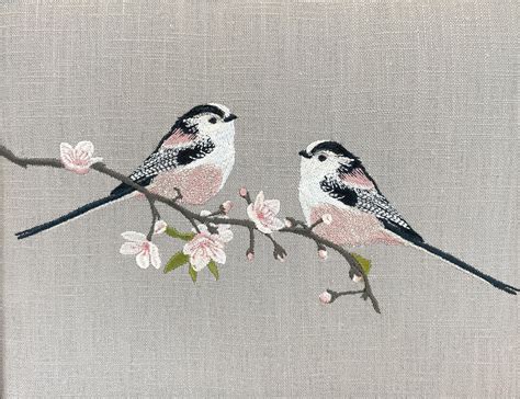 Long Tailed Tits Embroidered Textile Art, Pink Blossom, Grey Framed