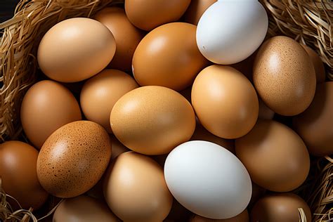 A lot heap of fresh chicken eggs on the wooden, nest or straw basket