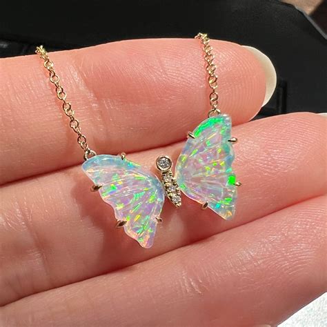Opal Butterfly Necklace with Diamonds and Prongs - KAMARIA