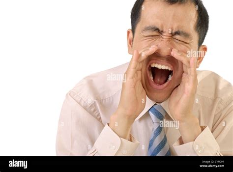 yelling businessman portrait  mouth open  white background stock