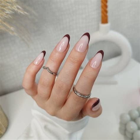 press  nails french tip brown chocolate nude luxury almond coffin