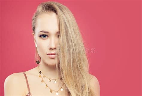 young woman face  pink background stock image image  fashion
