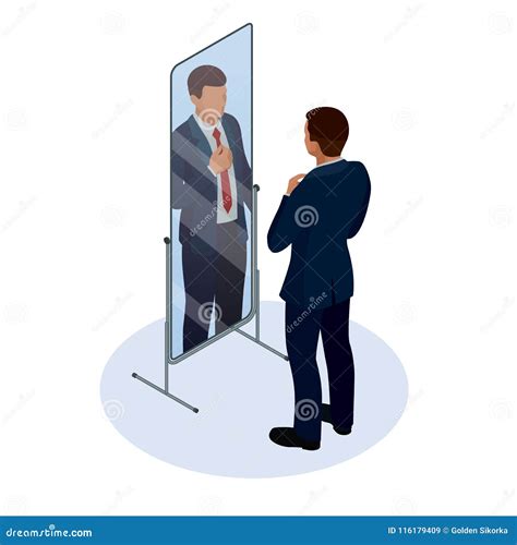 Isometric Businessman Adjusting Tie in Front of the Mirror. Man ...