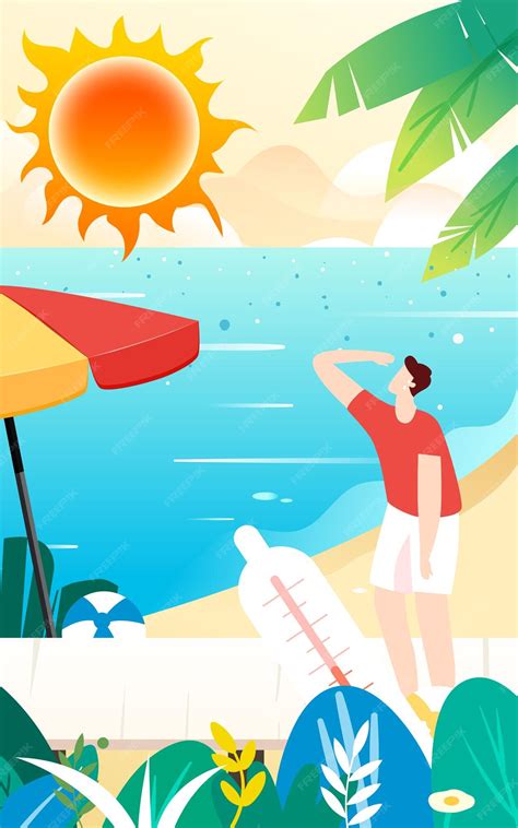 Premium Vector | Too hot in summer character heat stroke high