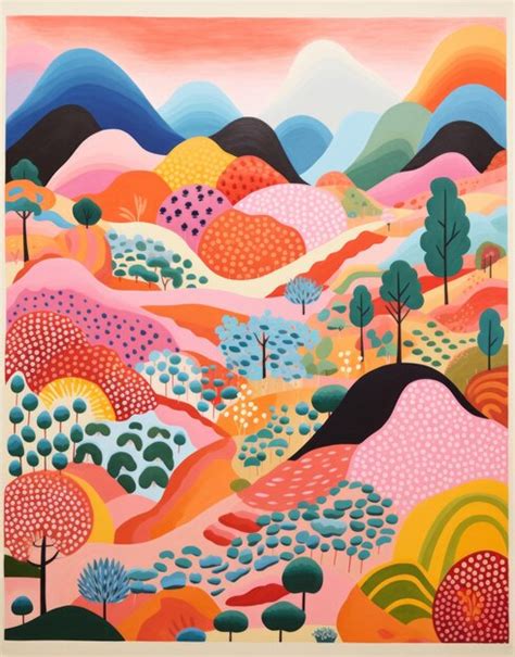 dessin avec des collines colorees sur fond clair dans le style des