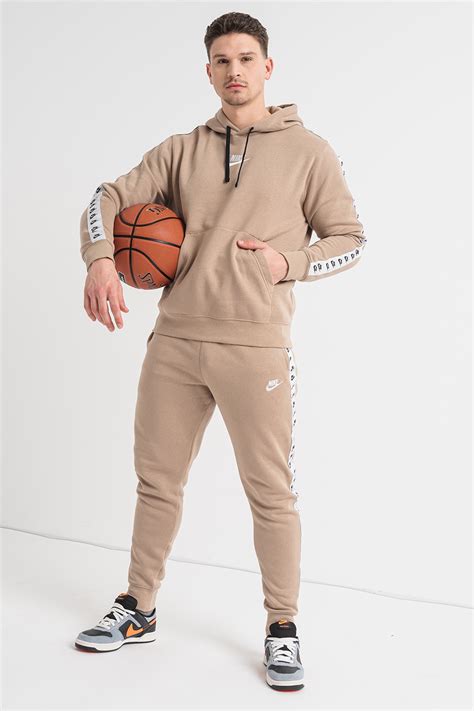 Nike, Спортен екип Sportswear Club с качулка и джоб кенгуру, Черен, Бял ...