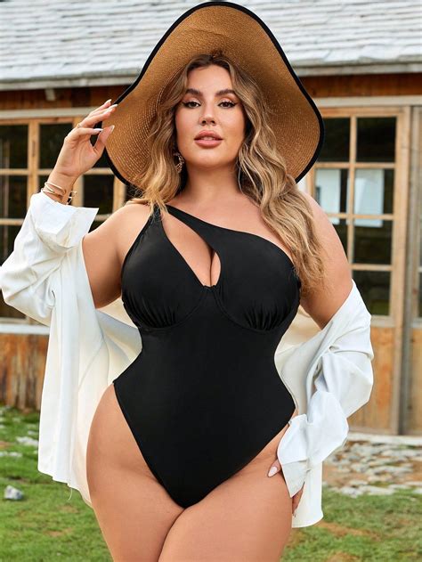 Plus Size Summer Beach Solid Color Hollow Out One Shoulder One-Piece