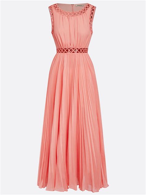 Orange Hollow Out Pleated Chiffon Crew Neck Sleeveless A-Line Maxi