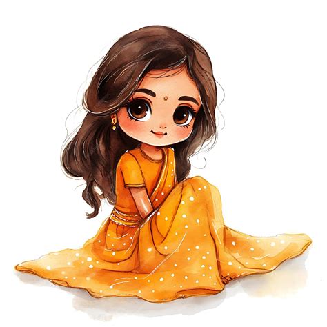 Cute Cartoon Illustration of an Indian Girl in a Traditional Sari