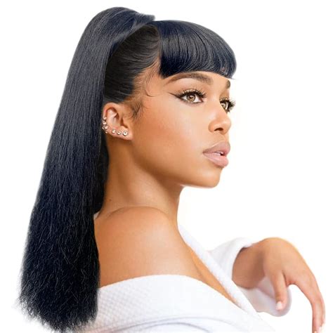 Yaky Straight Ponytail with Bangs Long Drawstring Ponytail Swoop Side