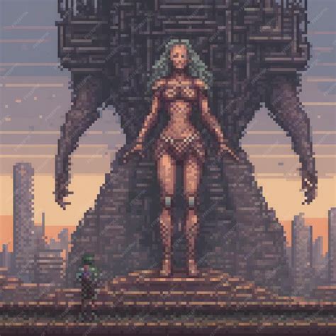 Pixel art depicting a woman confronting a colossal monster | Premium AI