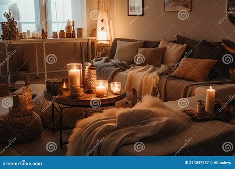Cozy Living Room with Warm Lighting and Cozy Blankets Stock Image ...